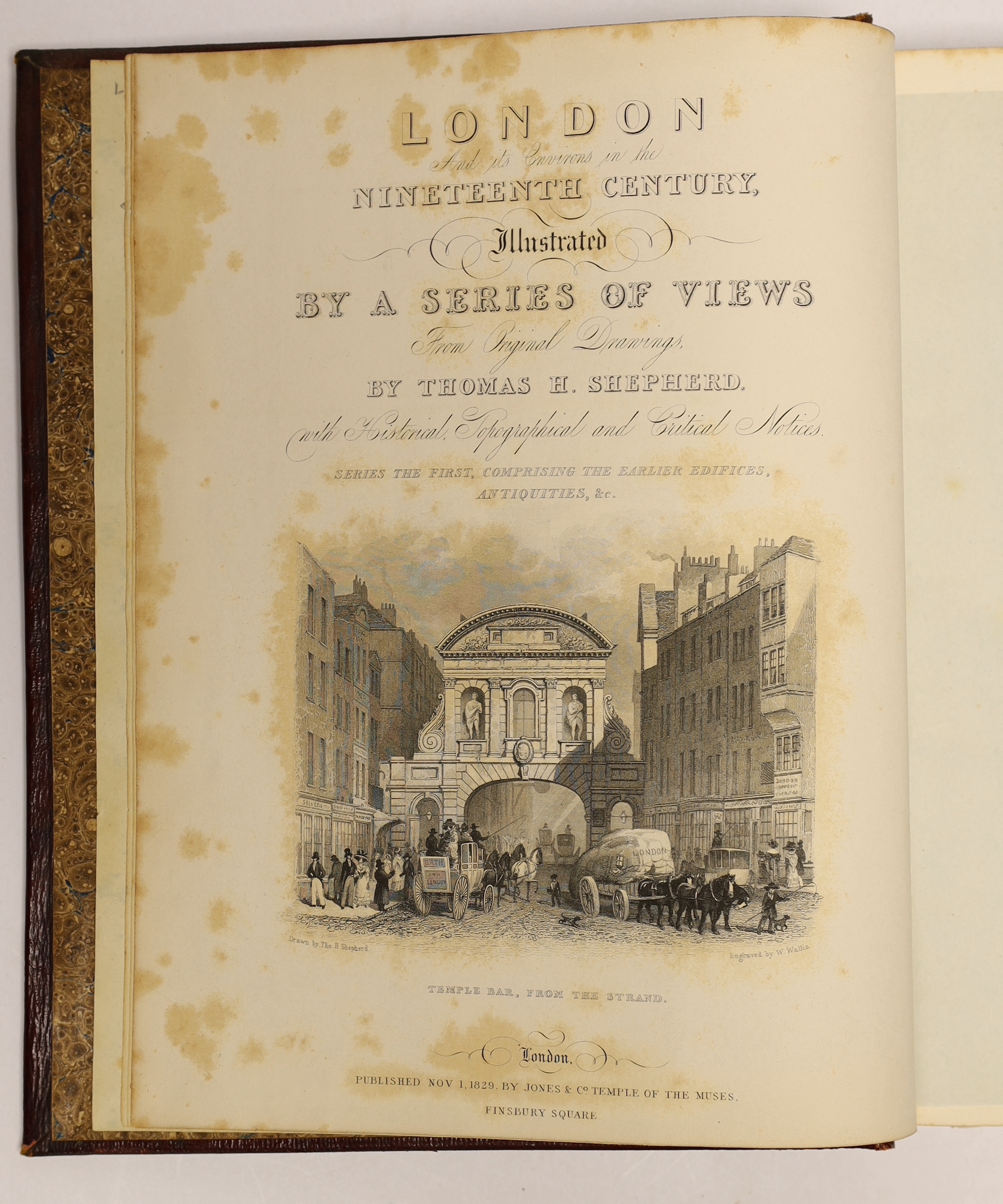 Elmes, James - Metropolitan Improvements; or London in the Nineteenth Century....displayed in a series of engravings...by Mr. Thos. H. Shepherd....2 pictorial engraved and printed titles, a plan (Regents Park) and 88 pla